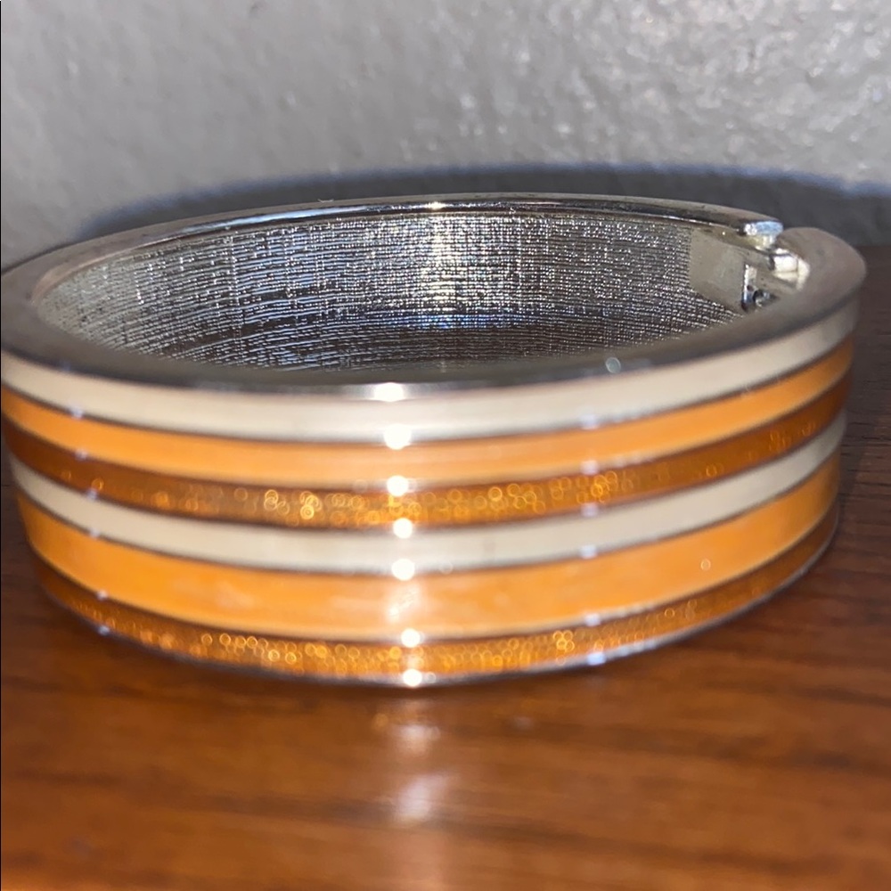 Vintage 90s Silver Tone Cream & Orange Enamel Clamper Bracelet